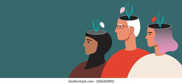 People are mental health, the flower is broken. Copy space template. Flat vector stock illustration. Mental problems with place for text. Sadness concept. Sad people. Illustration or template