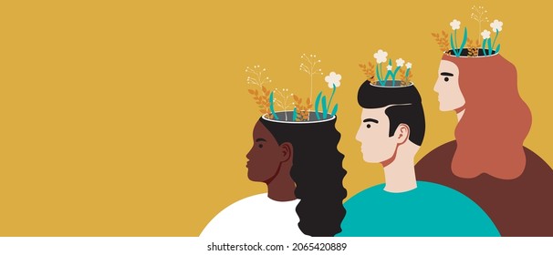 La gente es salud mental, una flor en la cabeza. Copiar plantilla de espacio. Ilustración de material vectorial plano. Gente multicultural. Problemas mentales con lugar para el texto. Plantilla de ilustración o superposición