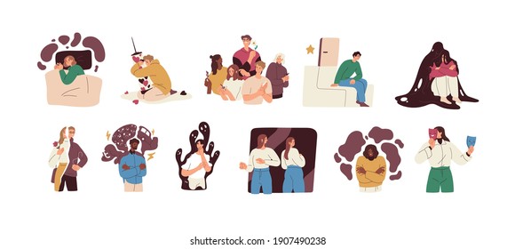 People with mental health problems and psychological disorders such as anxiety, bipolar, panic attacks, insomnia and schizophrenia. Colored flat vector illustration isolated on white background