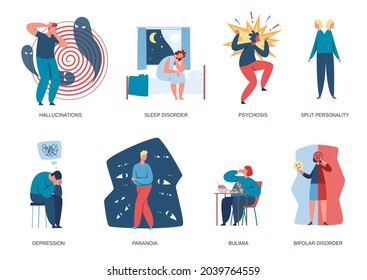 People with mental illnesses, psychological problems or depression. Men and women living with bipolar disorder and insomnia vector set. Characters suffering from bulimia, paranoia and sleep disorder