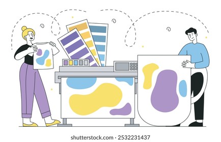 People with merch. Man and woman with printing at cup and tshirts. Fashion, trend and style. Fashion designers. Advertising and Marketing. Linear vector illustration isolated on white background