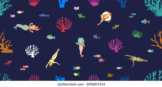 People and mermaids swimming in the sea. Seamless vector pattern with colorful corals and fishes on dark blue background.
