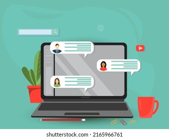 Menschen, die online mit Computern kommunizieren, am Arbeitsplatz, freiberufliches Arbeitskonzept, Online-Konferenz, Teamwork-Konzept, flache Vektorgrafik