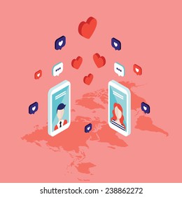 People messaging on St Valentines day Modern isometric flat style Social network and communication concept