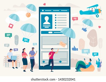 People Messaging in Social Network Flat Vector Concept. Male, Female Characters Using Smartphone and Laptop to Communicate with Friends Online, Internet User Profile on Smartphone Screen Illustration