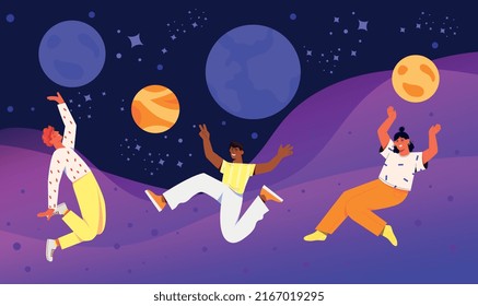 People in metaverse. Boys and girls among planets, characters in space. VR glasses and virtual reality. Modern technologies and innovations for study of universe. Cartoon flat vector illustration