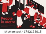 People in metro isometric poster with passengers standing and sitting in  subway car vector illustration