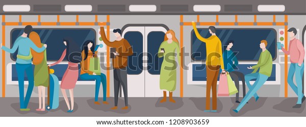 People in metro. Men and women in subway.\
Passangers in underground train car. Interior modern city public\
transport. Flat vector\
illustration