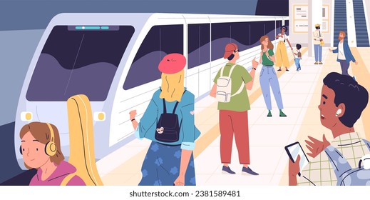 People metro platform. Passengers with luggage waiting arrival train or modern tram on subway underground station, railway transport tube traffic classy vector illustration of metro passenger station