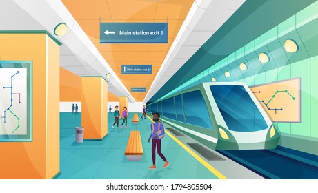 People in metro subway station vector illustration. Cartoon flat passenger character walking on modern underground transport platform, train waiting on railway, railroad city transportation background