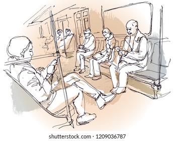 People in metro train sketch