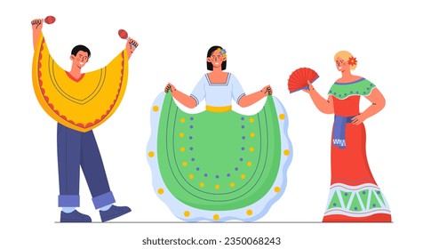 People in mexican clothes set. Man and women in traditional colorful dress with maracas and fans. Culture, history and tradition. Cartoon flat vector collection isolated on white background