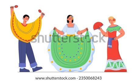 People in mexican clothes set. Man and women in traditional colorful dress with maracas and fans. Culture, history and tradition. Cartoon flat vector collection isolated on white background