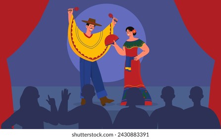 People in mexican costumes at scene. Man in sombrero and woman with red hand fun performing between audience. Entertainment, fun and leisure. Poster or banner. Cartoon flat vector illustration