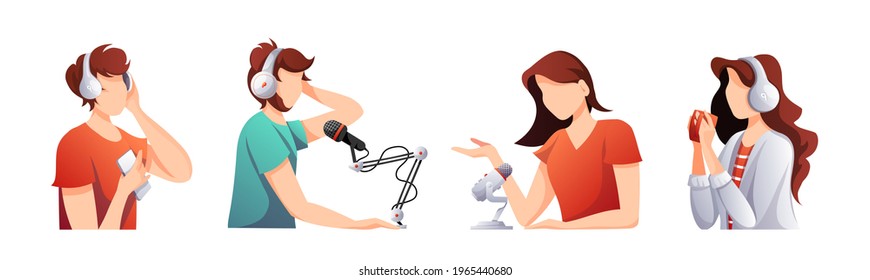 People, microphones, headphones podcast elements. Podcast, Streaming, Online show, blogging, radio broadcasting concept. Isolated vector illustration for poster, banner, advertising.