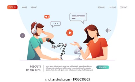 People with microphones and headphones. Streaming, Online show, interview, blogging, podcasting, radio broadcasting concept. Vector illustration for website, poster, banner, advertising. 