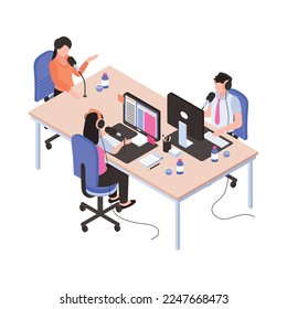 People with microphones working at radio stadio isometric icon 3d vector illustration