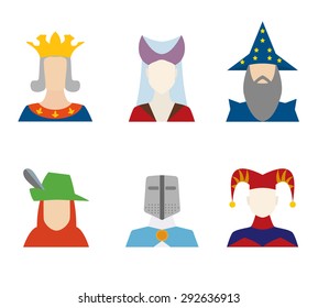 People of middle ages icons illustration. Set of six icons: the king, the hunter, the knight, the queen, the clown, the wizard