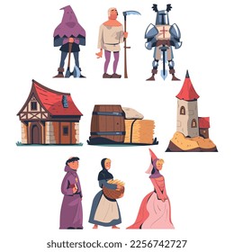 People from Middle Ages with Knight, Headsman, Peasant and Priest Vector Set