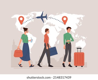 People migrate concept. Men and girls with suitcases waiting for plane to go to another country on background of map. Metaphor of migration of people, relocation. Cartoon flat vector illustration