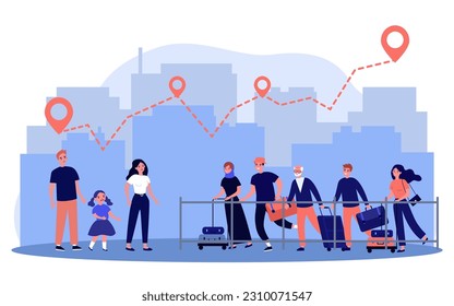 People migrating due to climate vector illustration. Happy people with suitcases moving to different country, route on map. Migration and climate crisis, resettlement of people concept