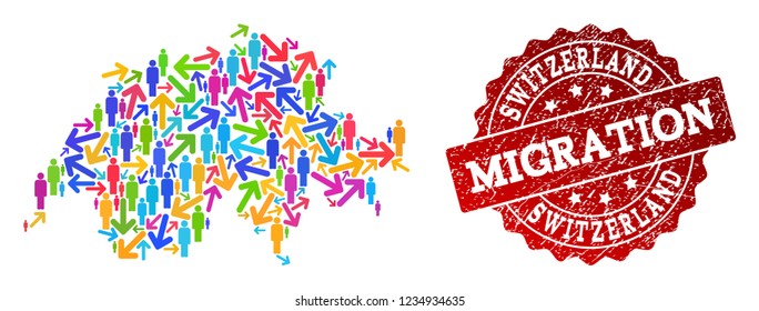 People migration traffic collage of mosaic map of Switzerland and scratched seal stamp. Mosaic map of Switzerland is designed with multidirectional colored arrows and people.
