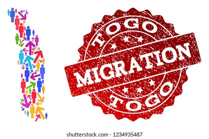 People migration traffic collage of mosaic map of Togo and rubber seal. Mosaic map of Togo is constructed with multidirectional colorful arrows and men.