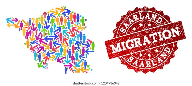 People migration traffic collage of mosaic map of Saarland State and scratched seal. Mosaic map of Saarland State is constructed with multidirectional multicolored arrows and persons.