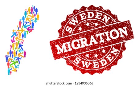 People migration traffic collage of mosaic map of Sweden and rubber seal. Mosaic map of Sweden is designed with multidirectional colored arrows and crowd.