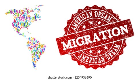People migration traffic collage of mosaic map of South and North America and textured seal stamp. Mosaic map of South and North America is constructed with different colorful arrows and crowd.
