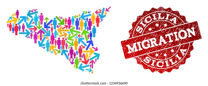 People migration traffic collage of mosaic map of Sicilia Island and grunge stamp. Mosaic map of Sicilia Island is constructed with different bright colored arrows and people.