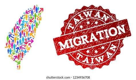 People migration traffic collage of mosaic map of Taiwan and unclean seal. Mosaic map of Taiwan is constructed with multidirectional colorful arrows and population.