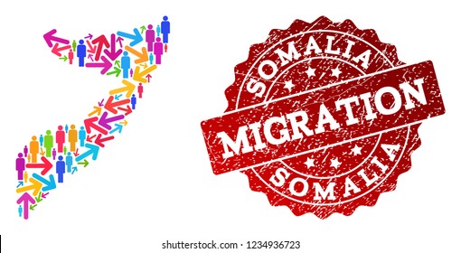 People migration traffic collage of mosaic map of Somalia and textured seal stamp. Mosaic map of Somalia is designed with different multicolored arrows and people.