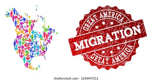 People migration traffic collage of mosaic map of North America and grunge seal. Mosaic map of North America is constructed with different colored arrows and crowd.