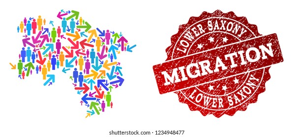 People migration traffic collage of mosaic map of Lower Saxony State and rubber seal stamp. Mosaic map of Lower Saxony State is constructed with multidirectional multicolored arrows and people.