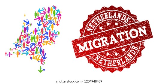 People migration traffic collage of mosaic map of Netherlands and corroded seal stamp. Mosaic map of Netherlands is designed with multidirectional multicolored arrows and men.