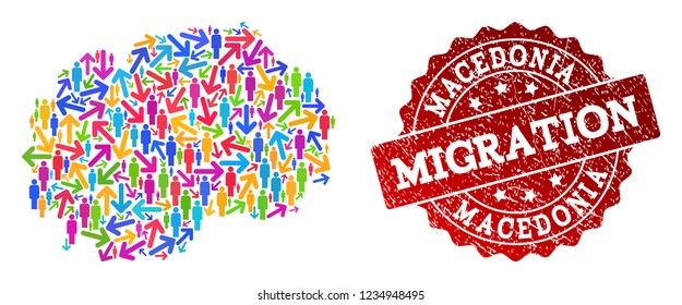 People migration traffic collage of mosaic map of Macedonia and dirty seal stamp. Mosaic map of Macedonia is designed with different colorful arrows and people.