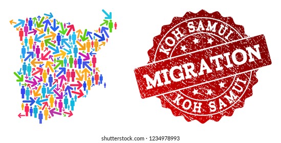 People migration traffic collage of mosaic map of Koh Samui and rubber stamp. Mosaic map of Koh Samui is constructed with different colorful arrows and crowd.