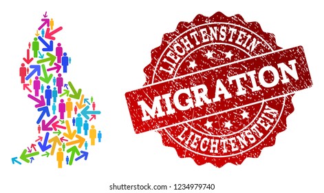 People migration traffic collage of mosaic map of Liechtenstein and rubber seal. Mosaic map of Liechtenstein is designed with different colored arrows and people.
