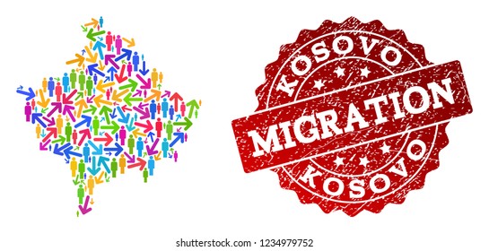 People migration traffic collage of mosaic map of Kosovo and textured seal stamp. Mosaic map of Kosovo is constructed with multidirectional bright colored arrows and persons.