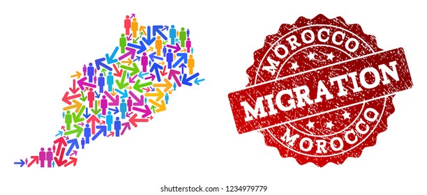 People migration traffic collage of mosaic map of Morocco and unclean seal stamp. Mosaic map of Morocco is designed with different multicolored arrows and people.