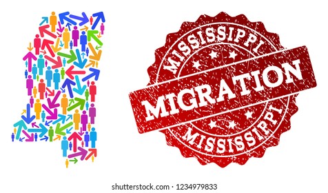 People migration traffic collage of mosaic map of Mississippi State and rubber stamp. Mosaic map of Mississippi State is designed with multidirectional colored arrows and people.