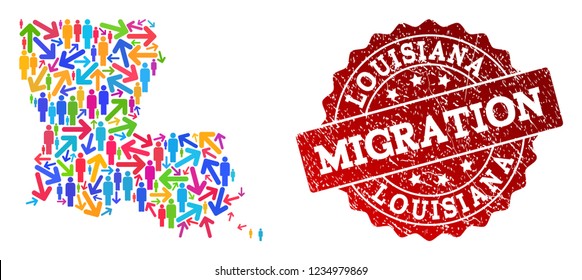 People migration traffic collage of mosaic map of Louisiana State and rubber seal. Mosaic map of Louisiana State is designed with different colored arrows and men.