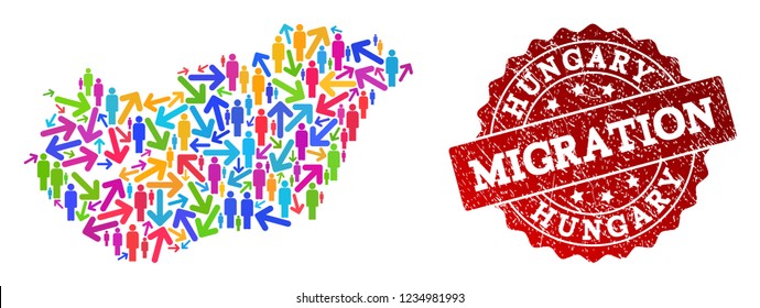 People migration traffic collage of mosaic map of Hungary and scratched seal stamp. Mosaic map of Hungary is constructed with multidirectional multicolored arrows and people.