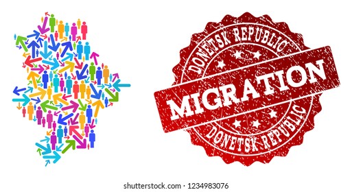 People migration traffic collage of mosaic map of Donetsk Republic and rubber stamp. Mosaic map of Donetsk Republic is designed with multidirectional multicolored arrows and men.