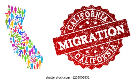 People migration traffic collage of mosaic map of California and corroded seal. Mosaic map of California is designed with different colored arrows and people.