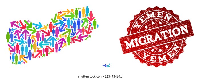 People migration traffic combination of mosaic map of Yemen and corroded seal stamp. Mosaic map of Yemen is constructed with multidirectional colorful arrows and people.