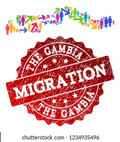 People migration traffic combination of mosaic map of the Gambia and rubber stamp. Mosaic map of the Gambia is constructed with different colorful arrows and population.