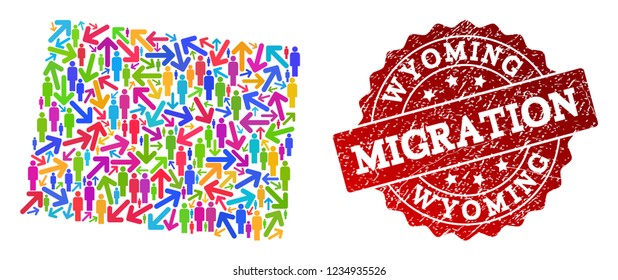 People migration traffic combination of mosaic map of Wyoming State and scratched seal stamp. Mosaic map of Wyoming State is designed with different bright colored arrows and people.