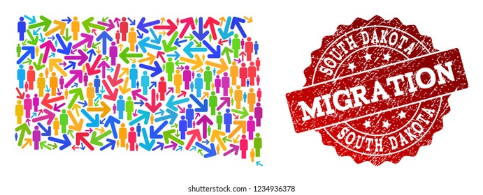 People migration traffic combination of mosaic map of South Dakota State and textured seal. Mosaic map of South Dakota State is designed with multidirectional bright colored arrows and people.